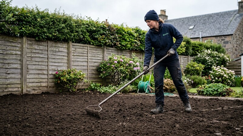 Landscaper raking and levelling freshly cultivated soil in a Glasgow garden in preparation for turf laying